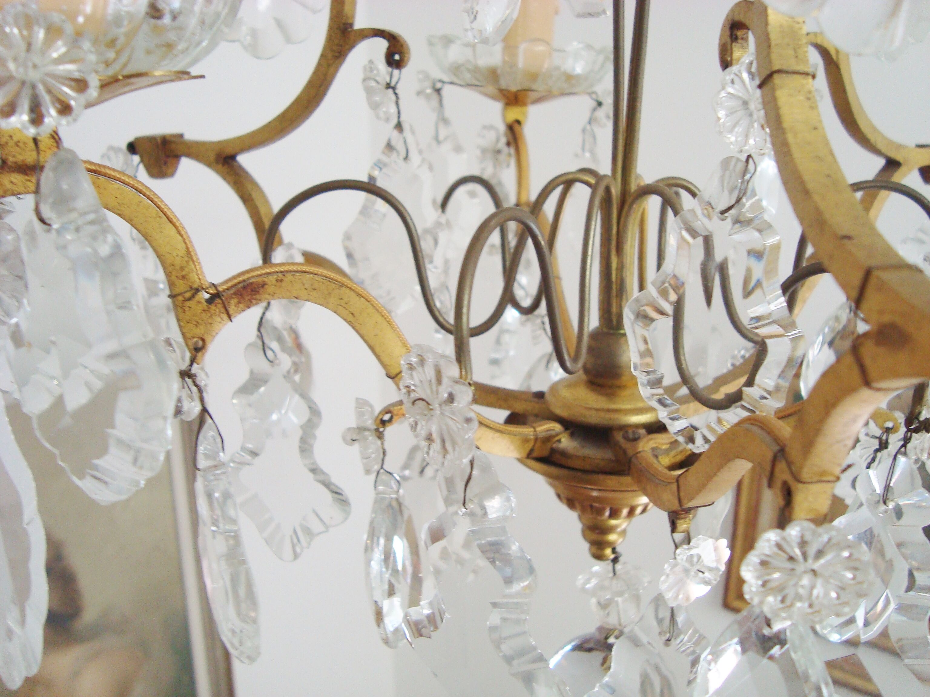 Vintage grapefruit chandelier with three lampshades in Toile de Jouy fabric