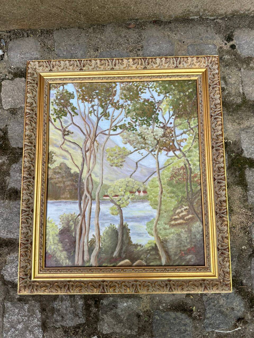 Landscape painting of a lakeside from the 20th century, 56x48cm.