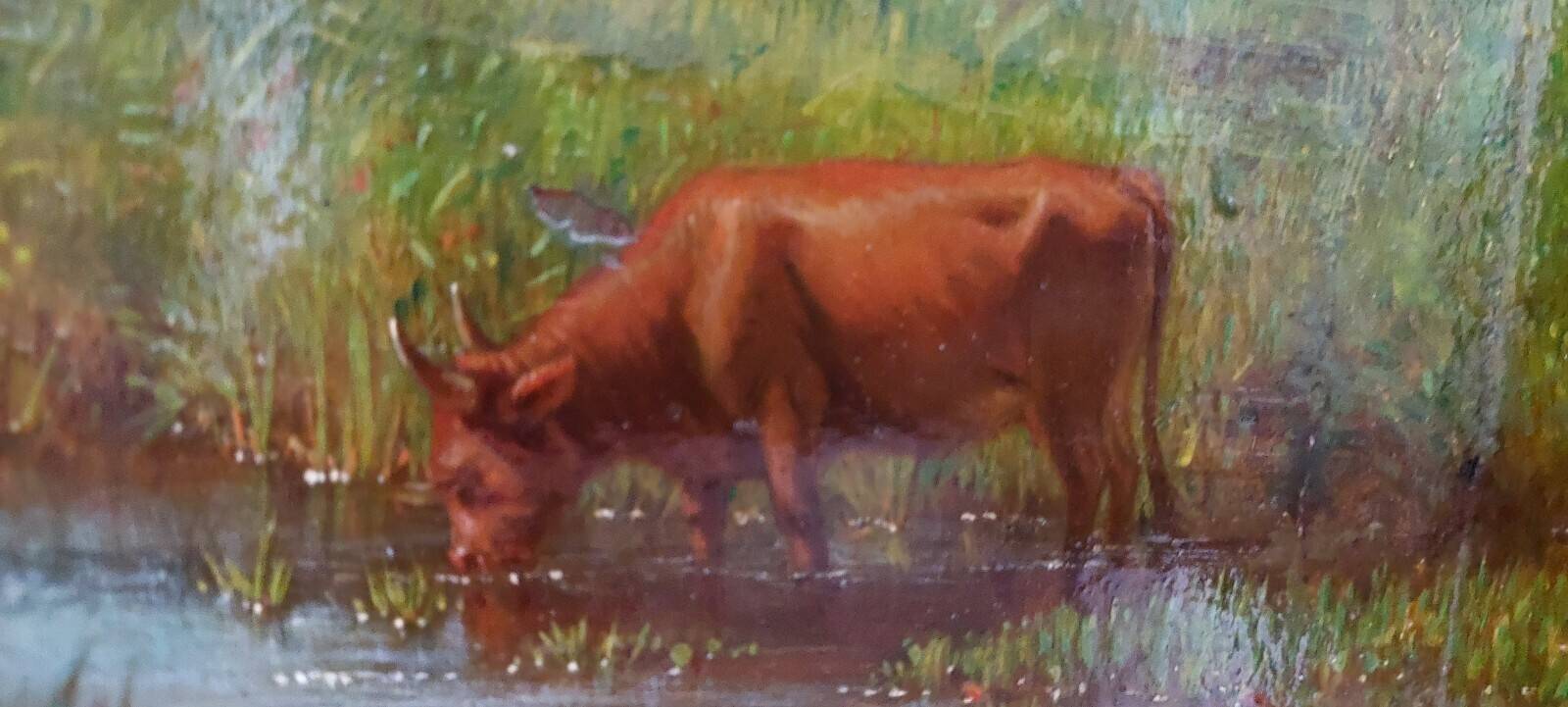 Antique oil painting on panel landscape figures cows - 19th century
