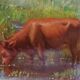 Antique oil painting on panel landscape figures cows - 19th century