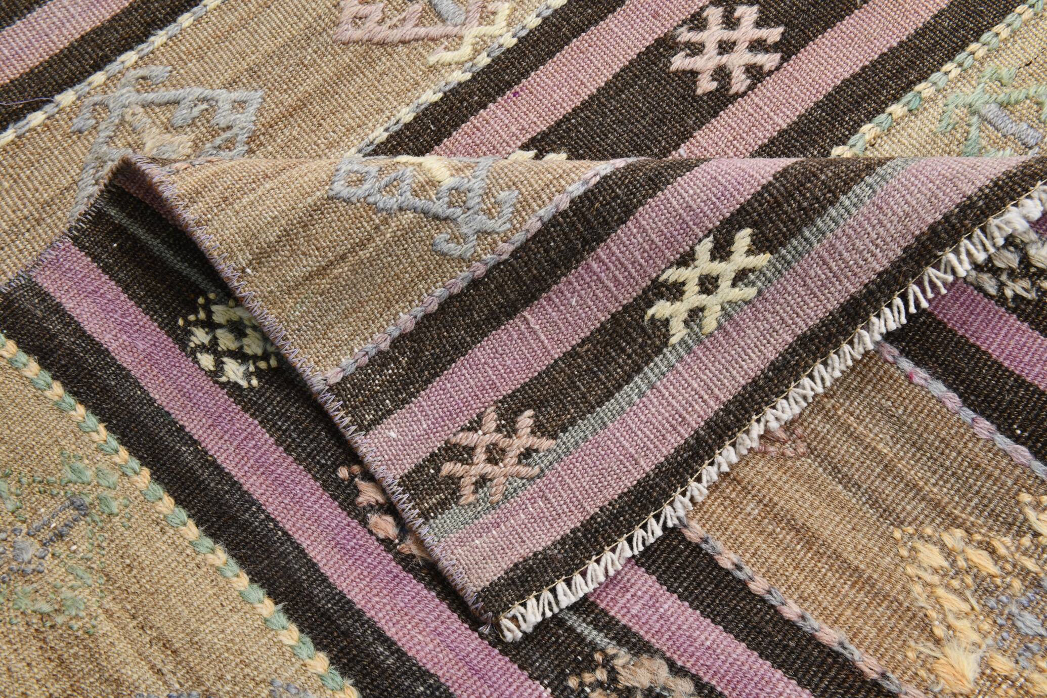 3x10 Pastel Pink & Brown Striped Kilim Runner Rug, 90x315Cm
