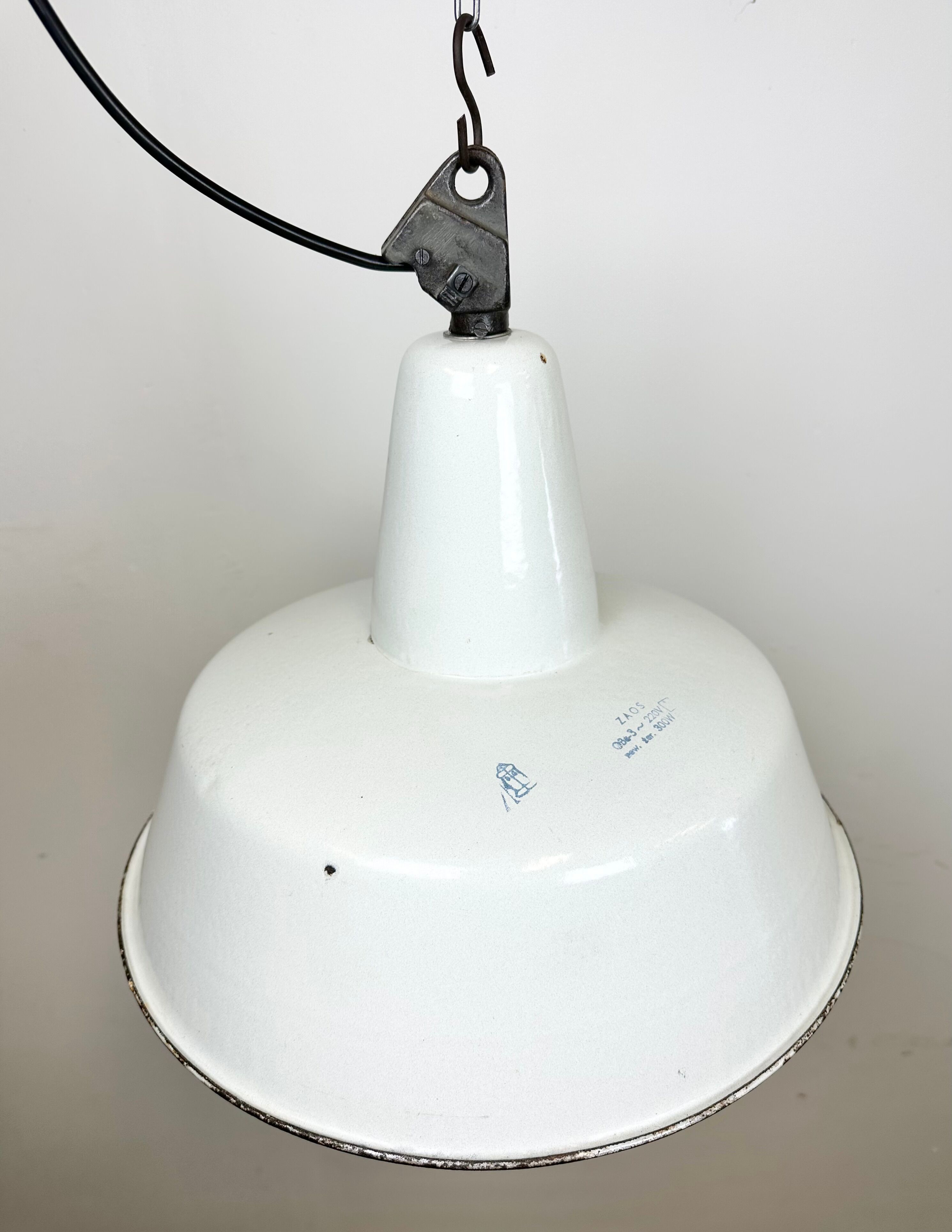 Industrial white enamel factory pendant lamp from zaos, 1960s