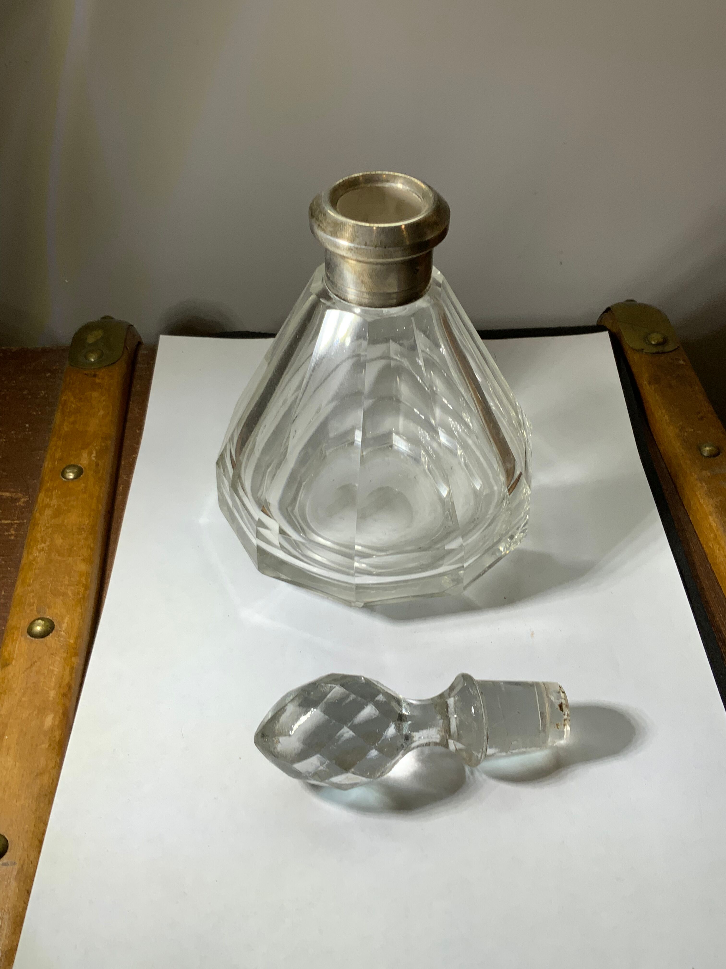 Antique crystal bottle with art deco hallmarked silver neck with facets