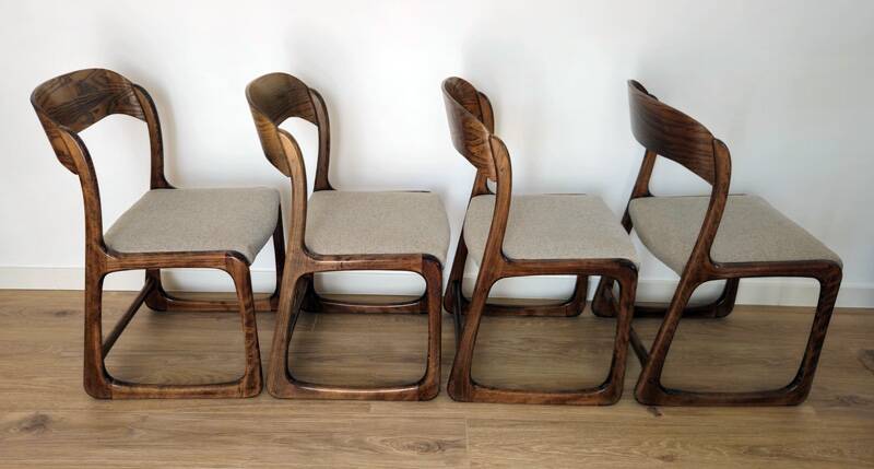 Set of 4 vintage Baumann "Sled" chairs in bent wood.