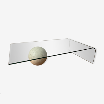 Table basse vintage design italien verre courbé et travertin