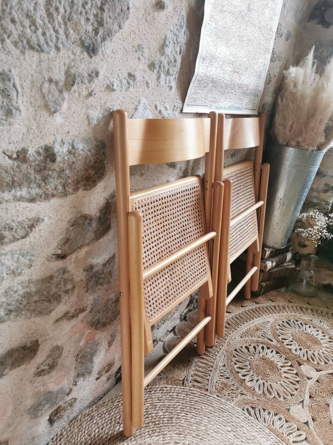 2 Vintage Folding Chairs, Beech and Rattan Canework