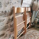 2 Vintage Folding Chairs, Beech and Rattan Canework
