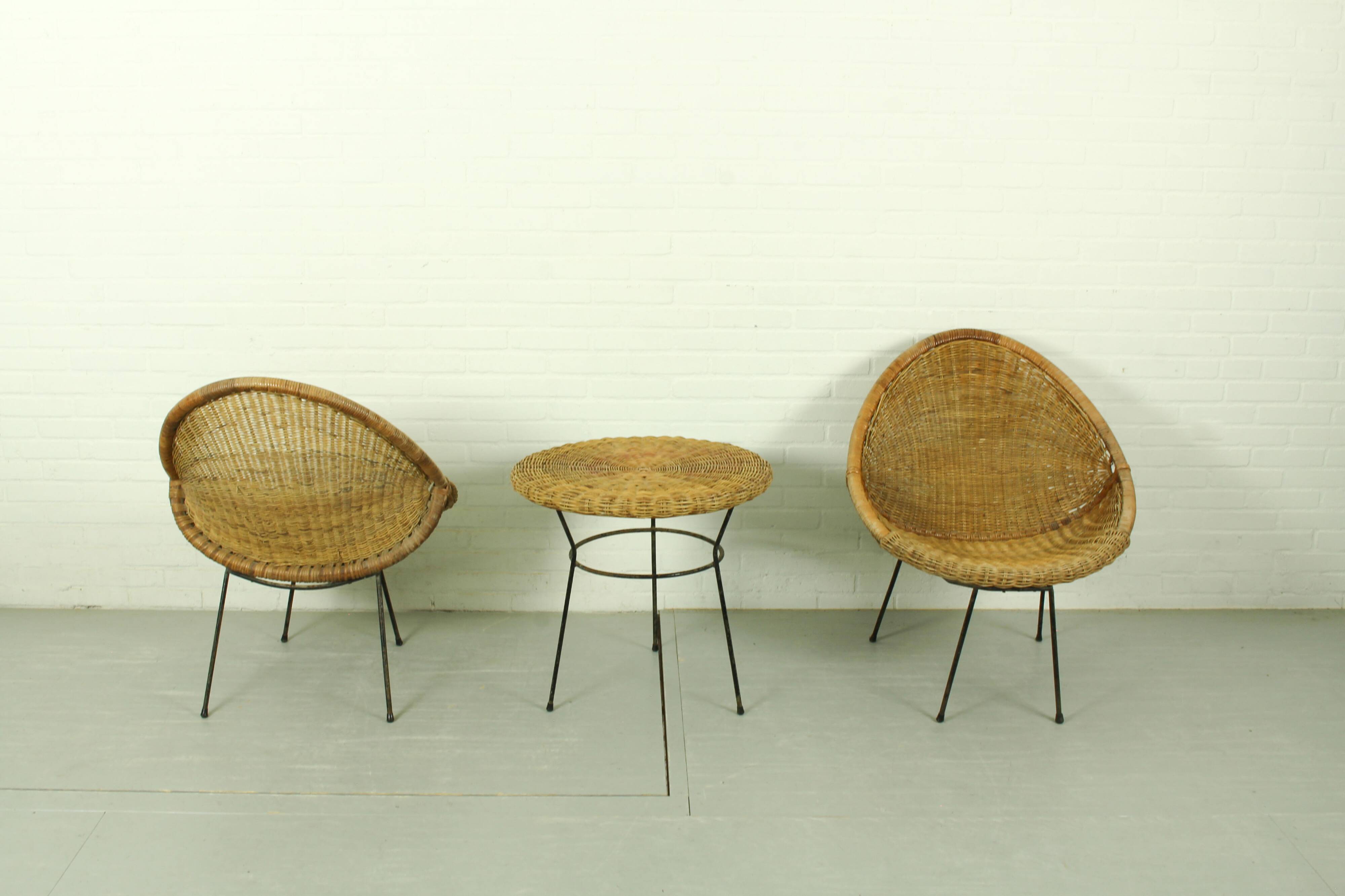 1950s Italian Rattan Basket Chairs & Matching Bistro Table Set