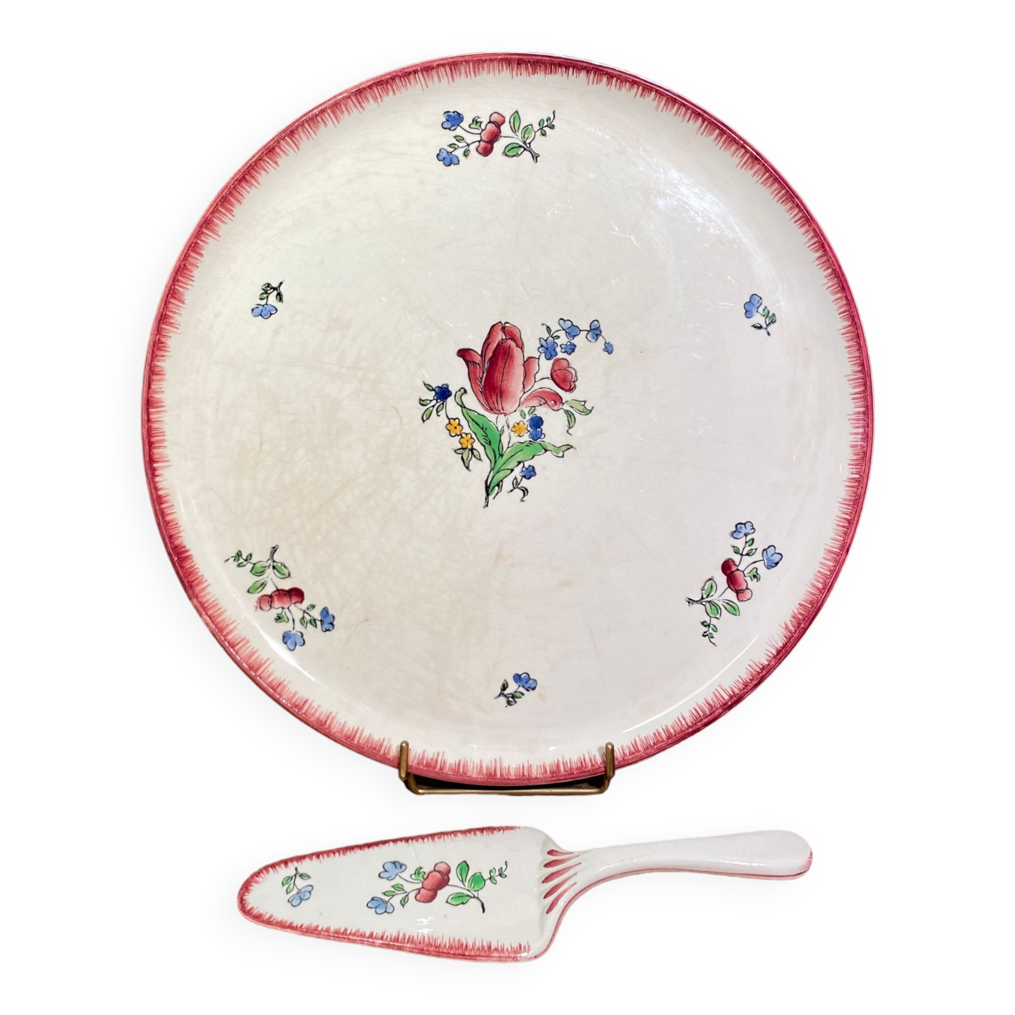 Pie tray with pie shovel in Gien earthenware, Lorraine décor