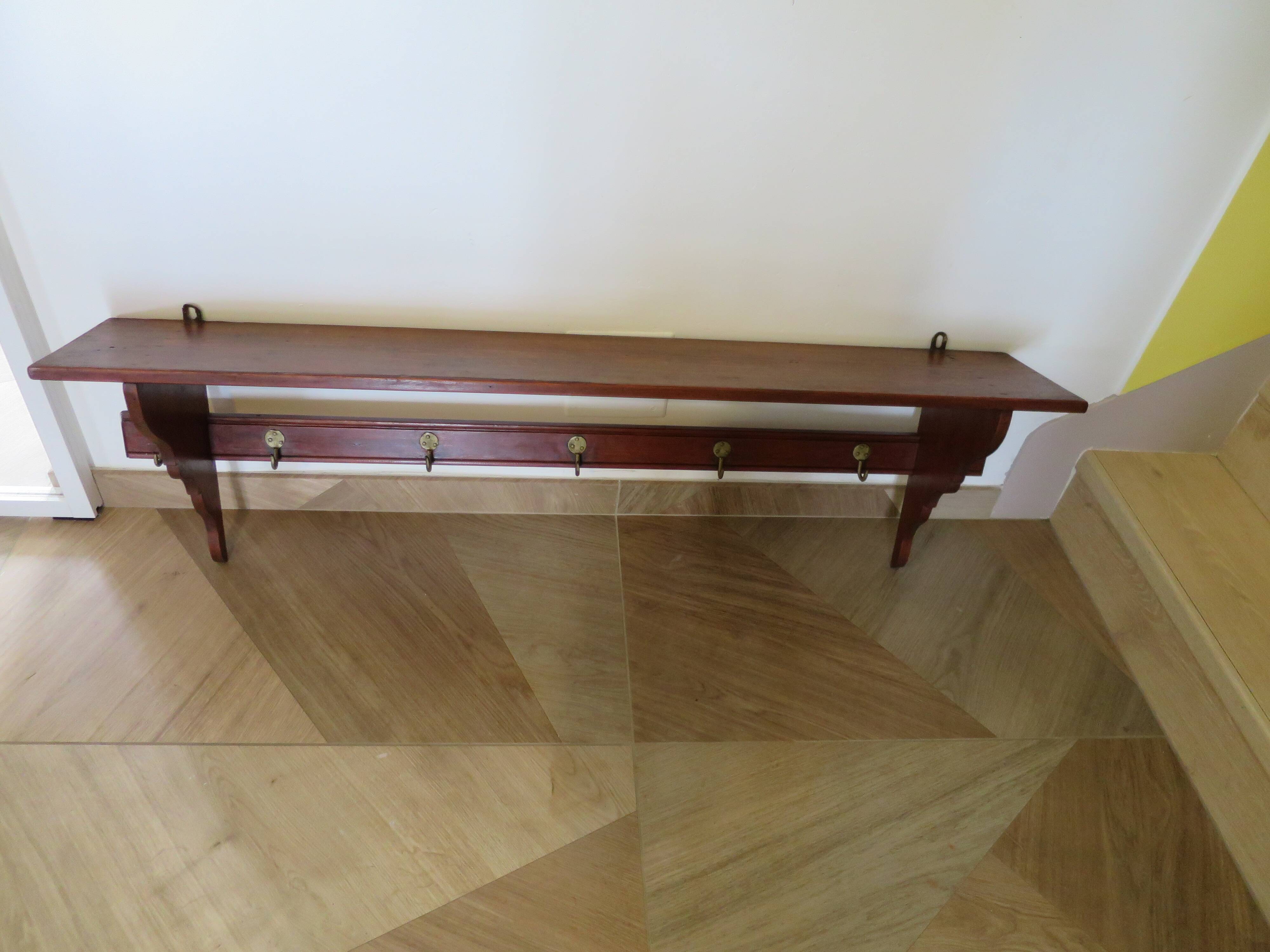 Wall shelf - coat rack - 7 hooks - oak stain - country style - cloakroom