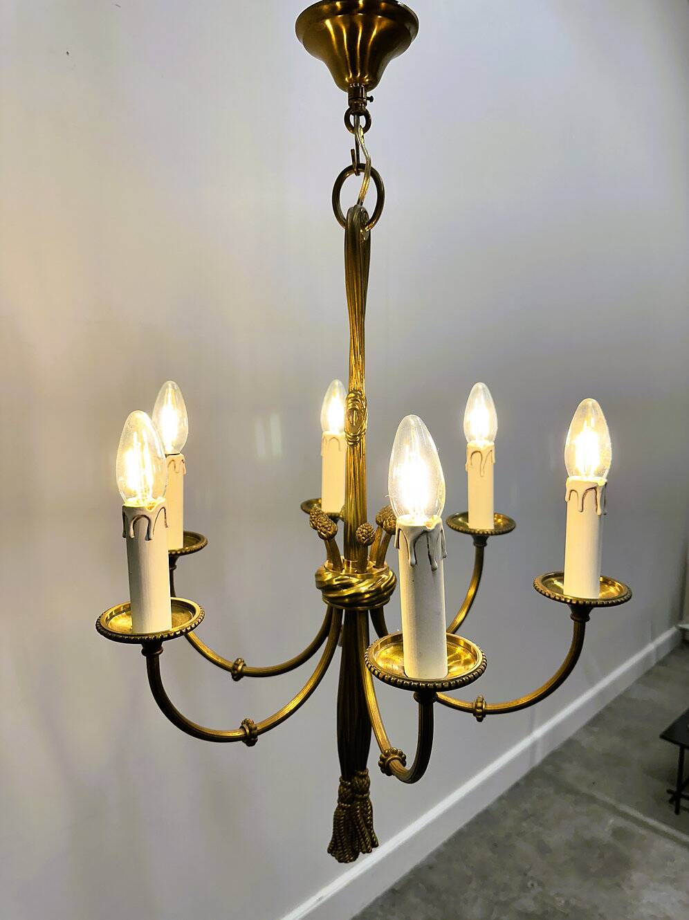 Vintage brass rope & tassel chandelier with 6 lights, France, 1950s