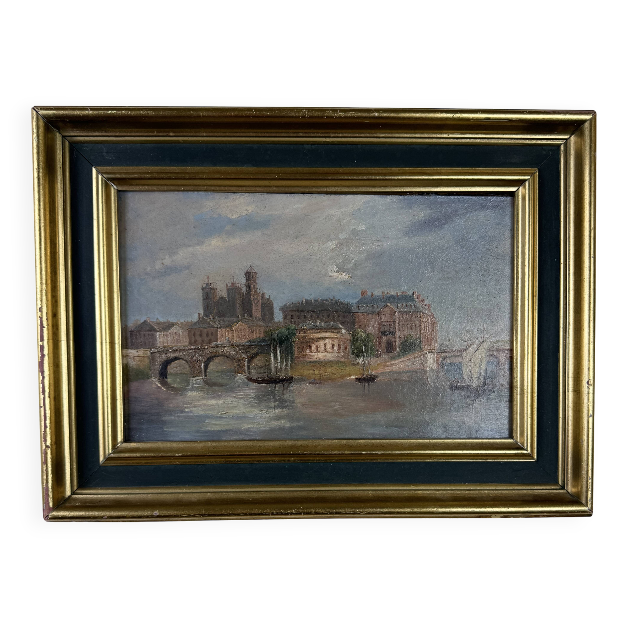 oil on panel "view of Paris from the Seine" circa 1860