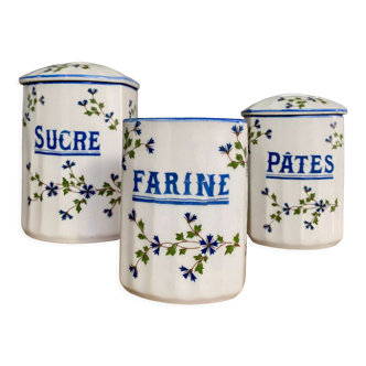 Set of three old pots pasta sugar and flour