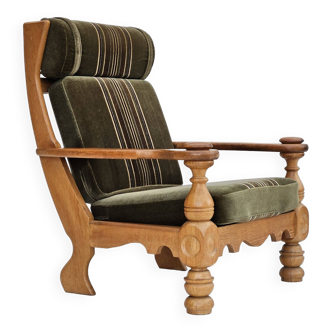 Années 1970, fauteuil danois à dossier haut, état d'origine, velours, bois de chêne massif.