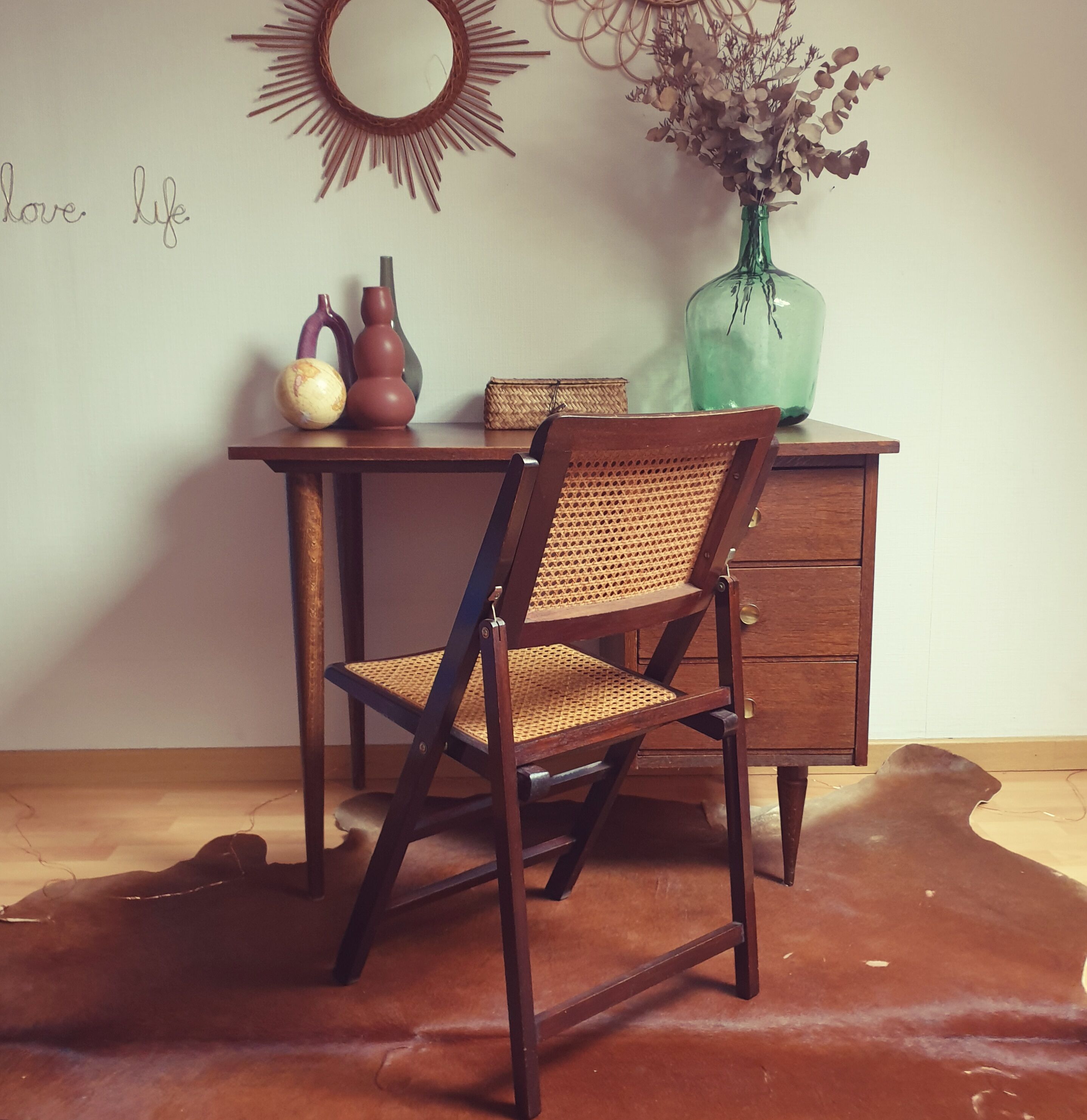 Vintage wood chair and folding cannage 60s