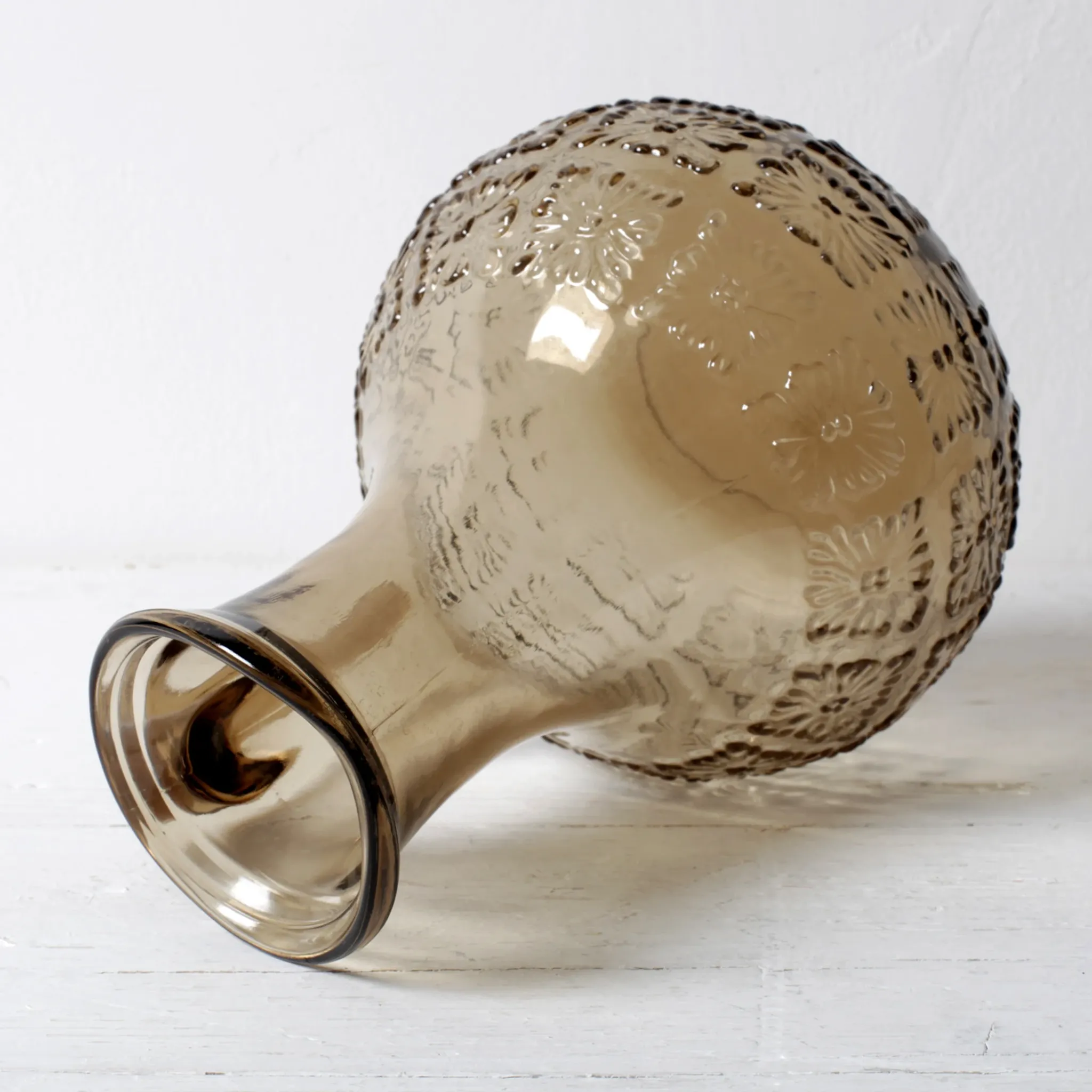 Italian Smoked Glass Jug / Embossed Floral Brown Pitcher / Mid-century Jug