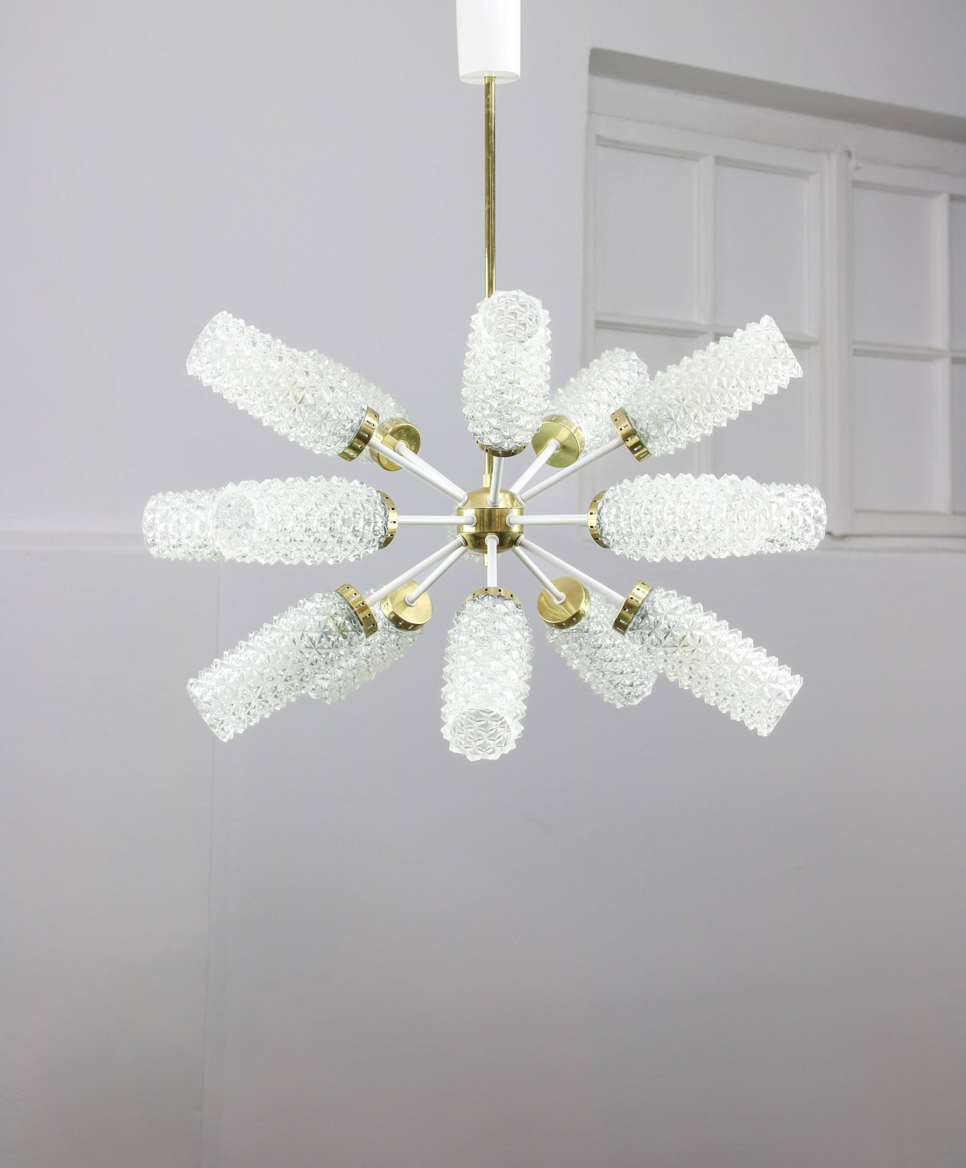 Vintage Sputnik Chandelier: Brass & Textured Glass, Mid-Century Modern Ligh