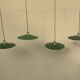 Vintage industrial enameled sheet metal pendant lights with golden wires, old green and white lampshade