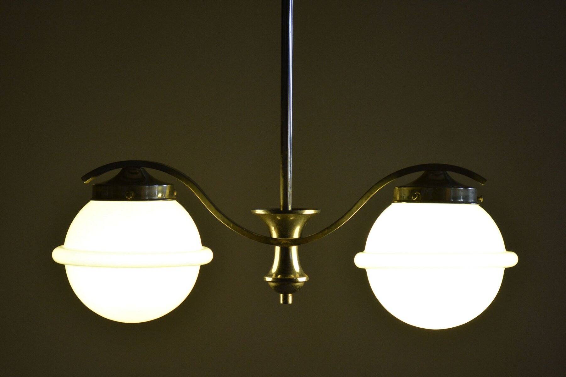 Czech Bauhaus Chandelier in Chrome-Plated Steel and Opaline Glass, 1930s