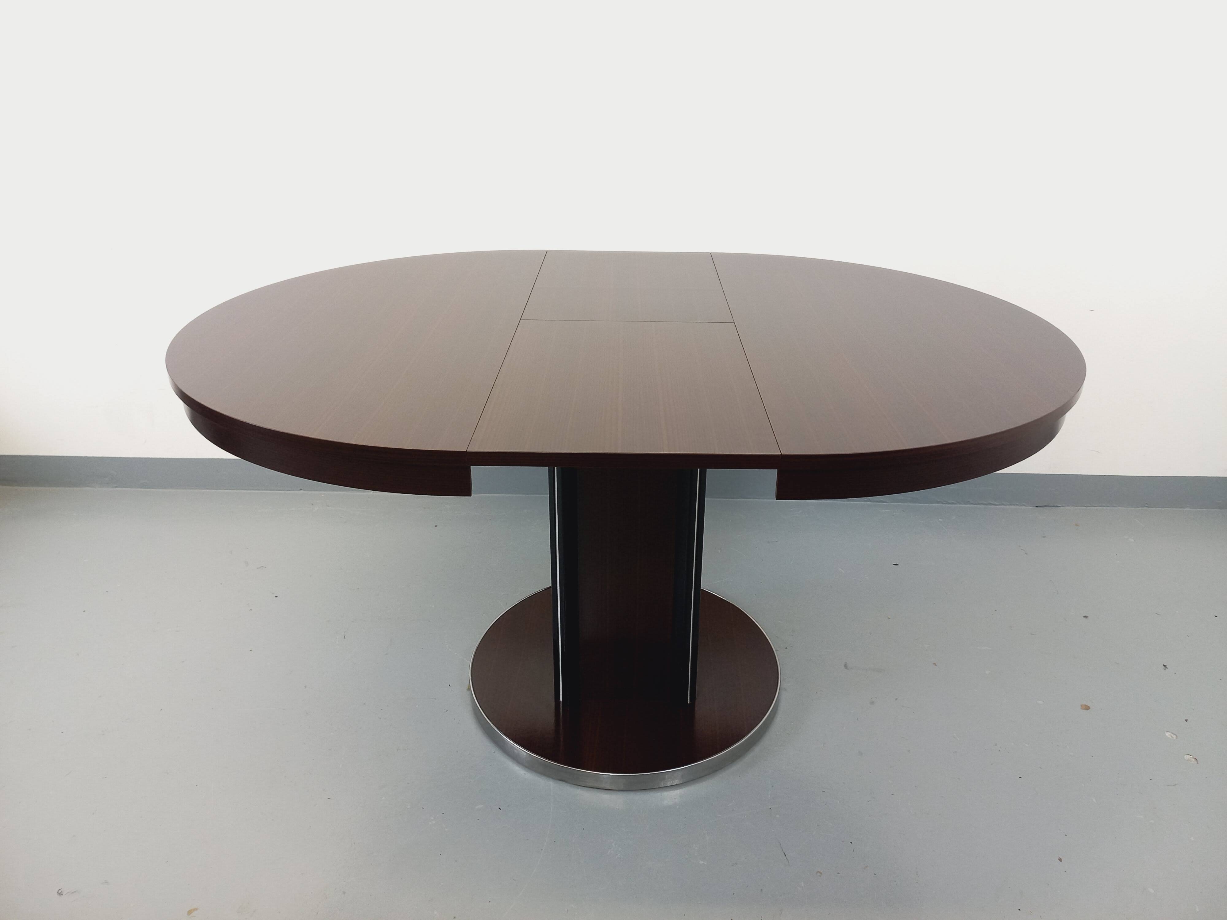 Table ronde de repas vintage en bois d’ébène et métal chromé Space Age