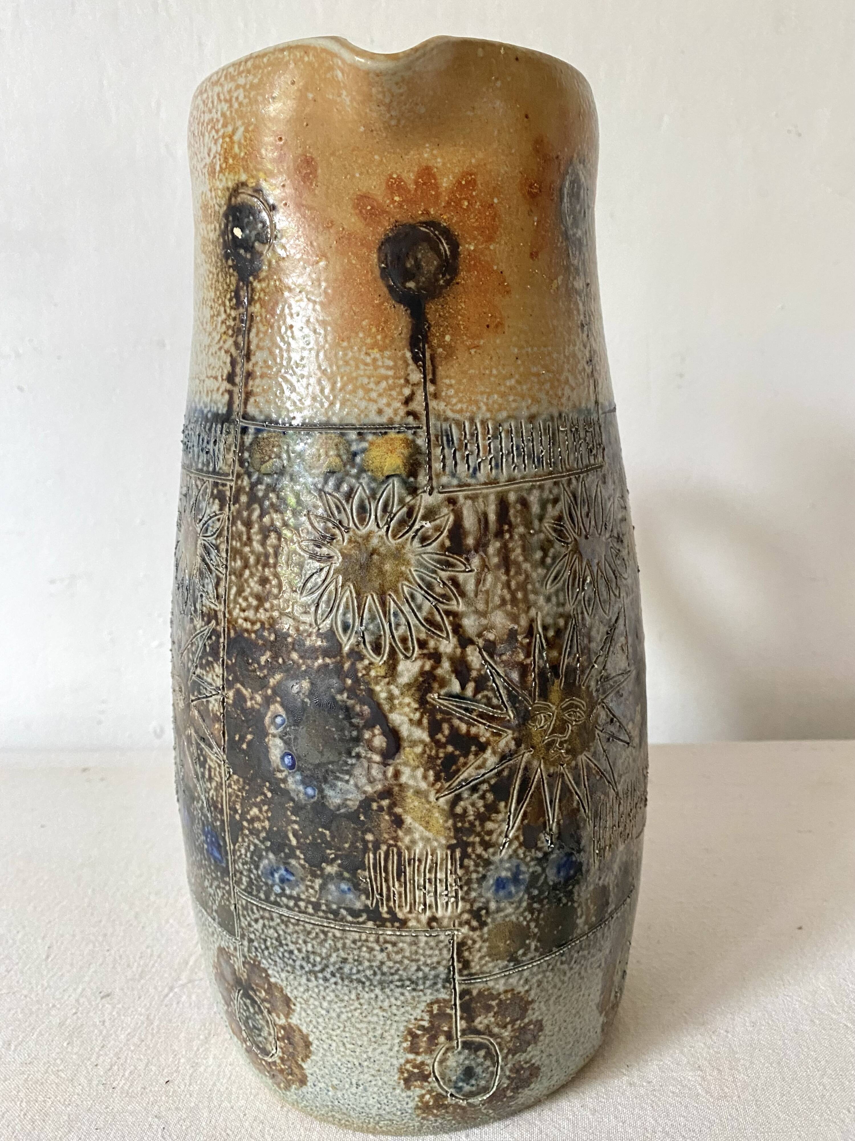 Large enamelled stoneware pitcher JC Courjault Kéraluc signed 31 cm, 1970s