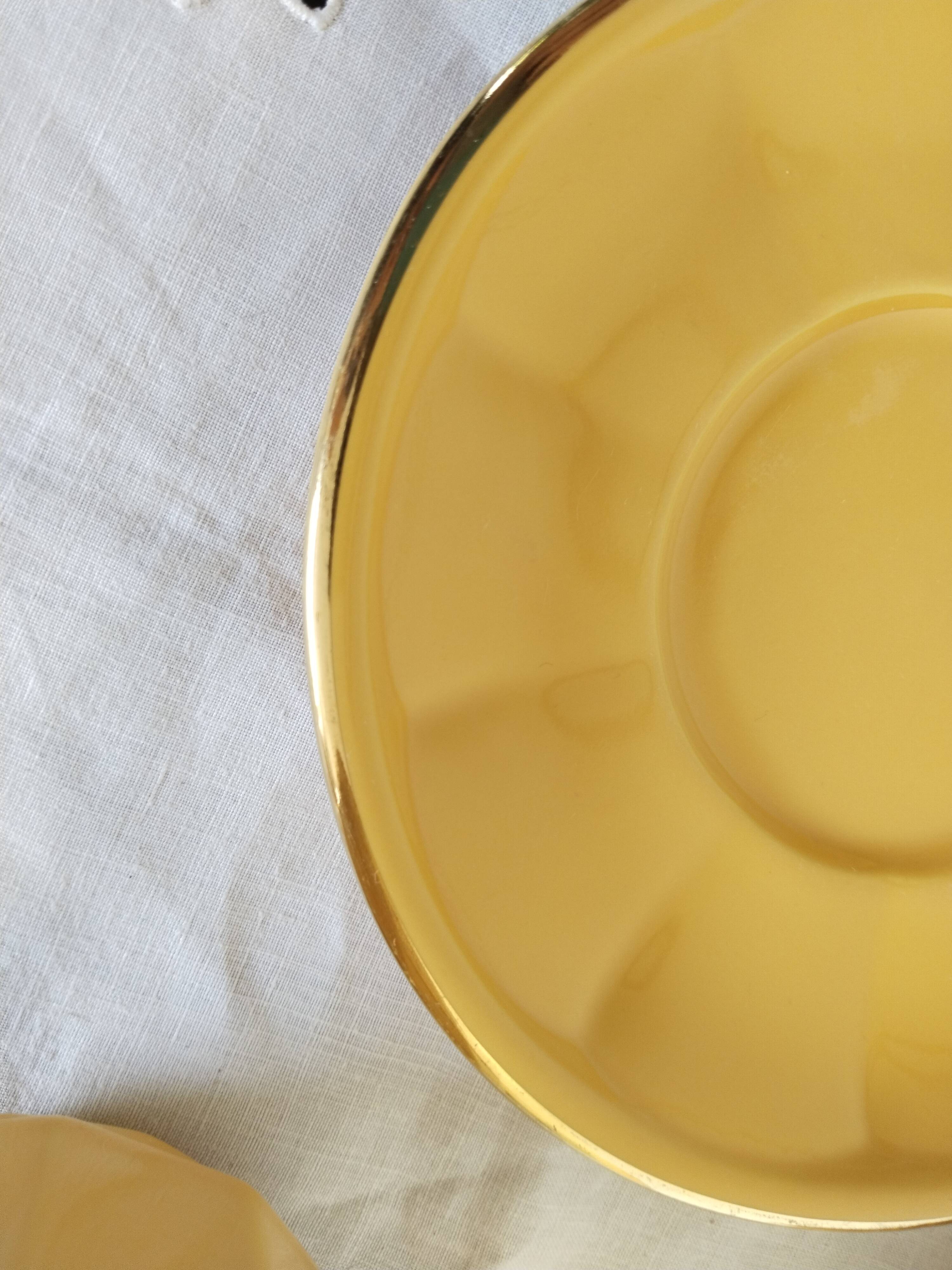 Apilco yellow chocolate cups and saucers, porcelain, Revol