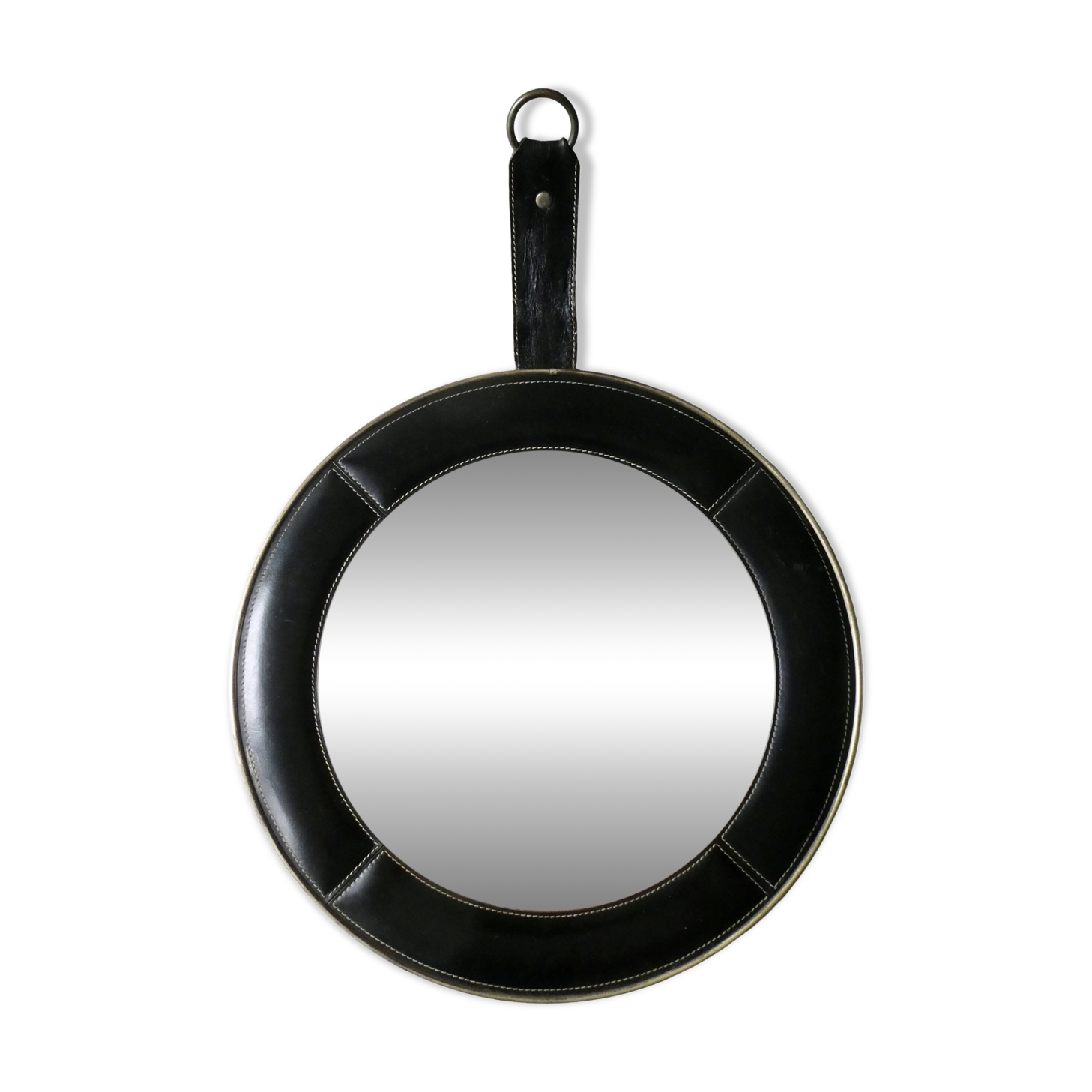 leather mirror, saddle stitching, 60s