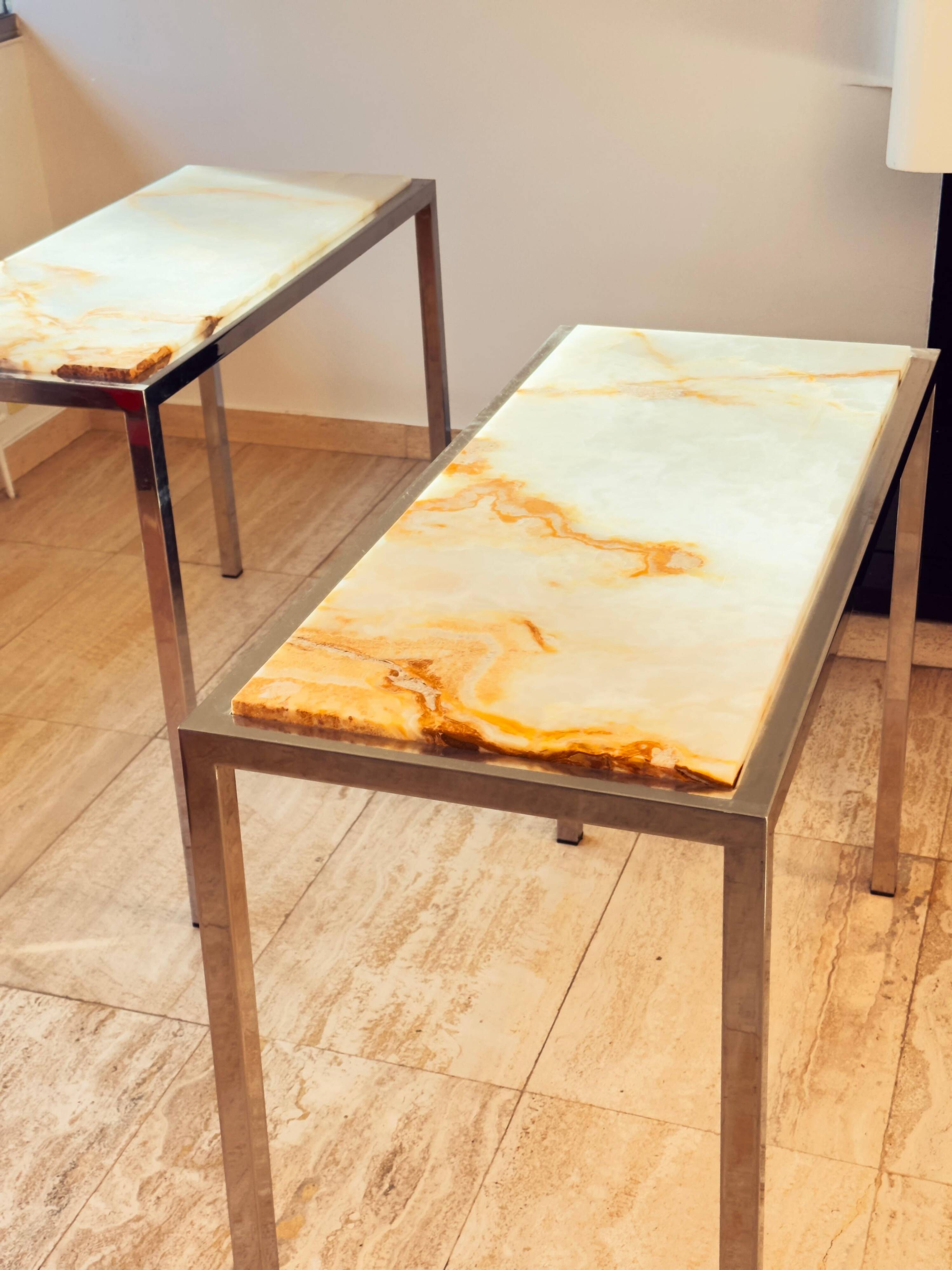 Pair of Italian Console Tables in Marble and Chrome, 1970s