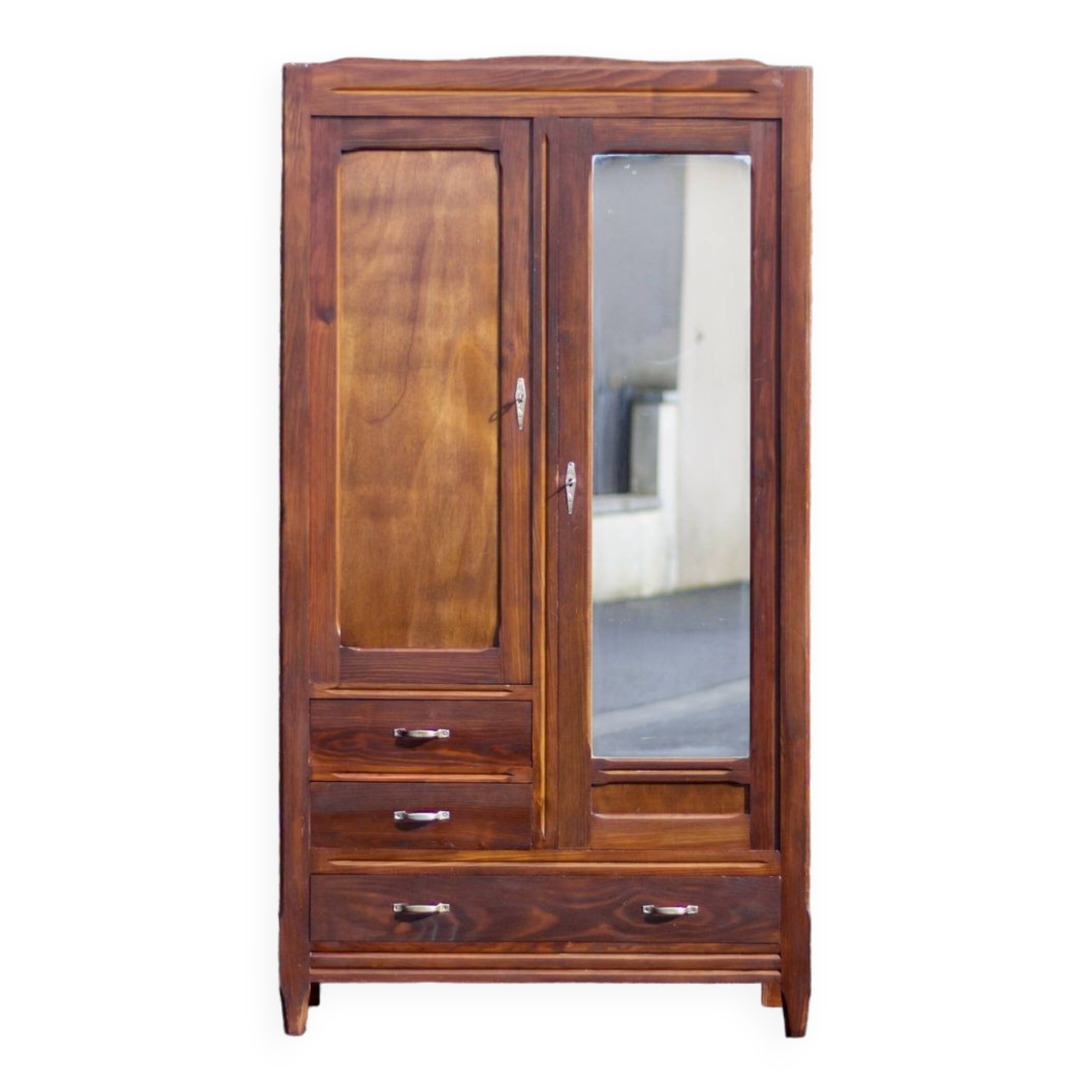 Art deco wooden cabinet with mirror, wooden storage unit, vintage Parisian cabinet