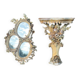 Venetian console in polychrome ceramic with its triptych mirror, 19th century period