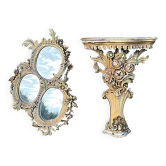 Venetian console in polychrome ceramic with its triptych mirror, 19th century period