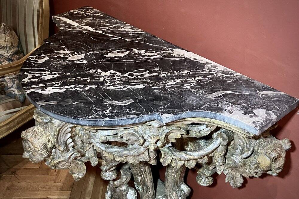 Italian Sculptural Silver Mecca Gilding Console Tables, Set of 2