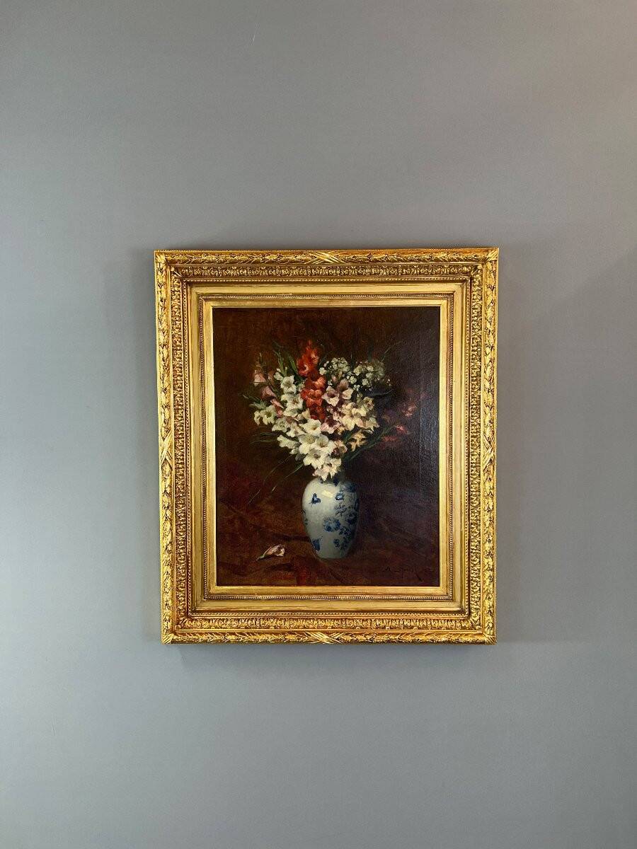 Oil on canvas painting Still life with flowers, Aimé Perret (1846-1927)