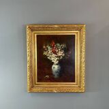 Oil on canvas painting Still life with flowers, Aimé Perret (1846-1927)