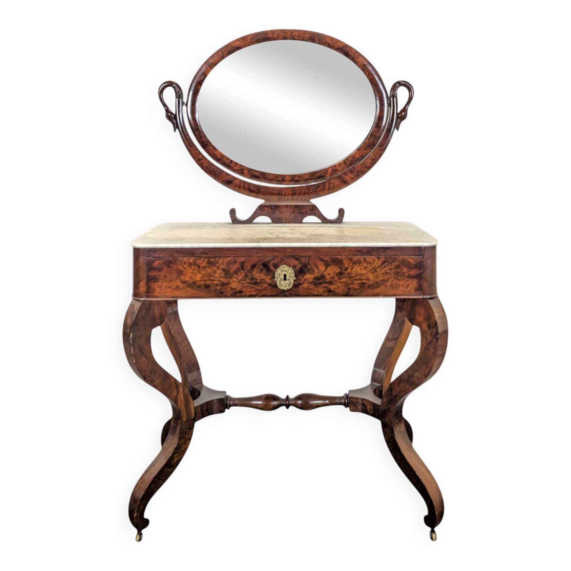 Restoration period flamed mahogany swan neck dressing table
