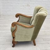 1960s, Danish armchair, green furniture velour, carved oak wood.