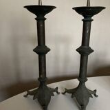 Pair of XXXL bastide candlesticks in patinated metal
