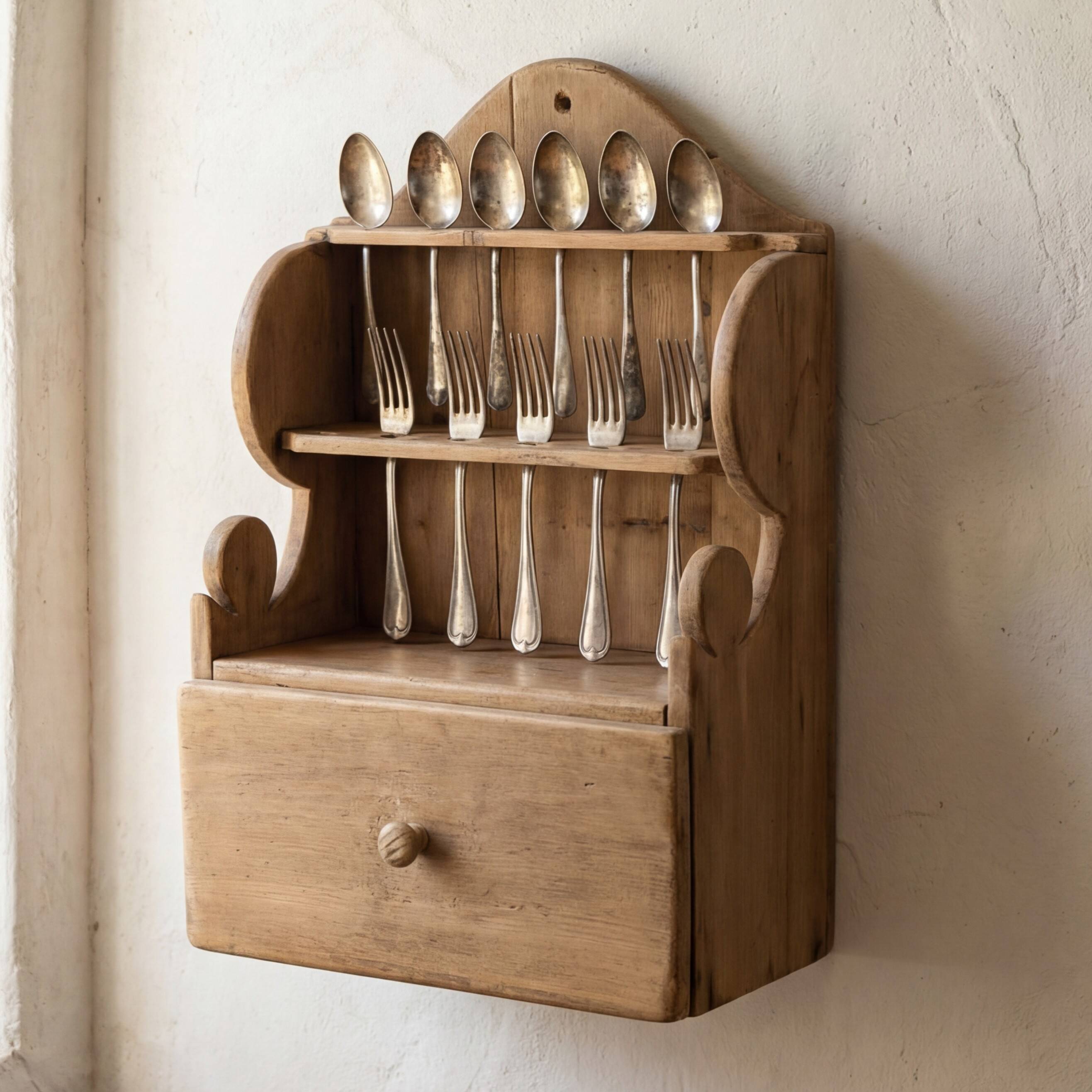 Étagère en pin sculpté à la main, style art populaire, 1 tiroir, 1950