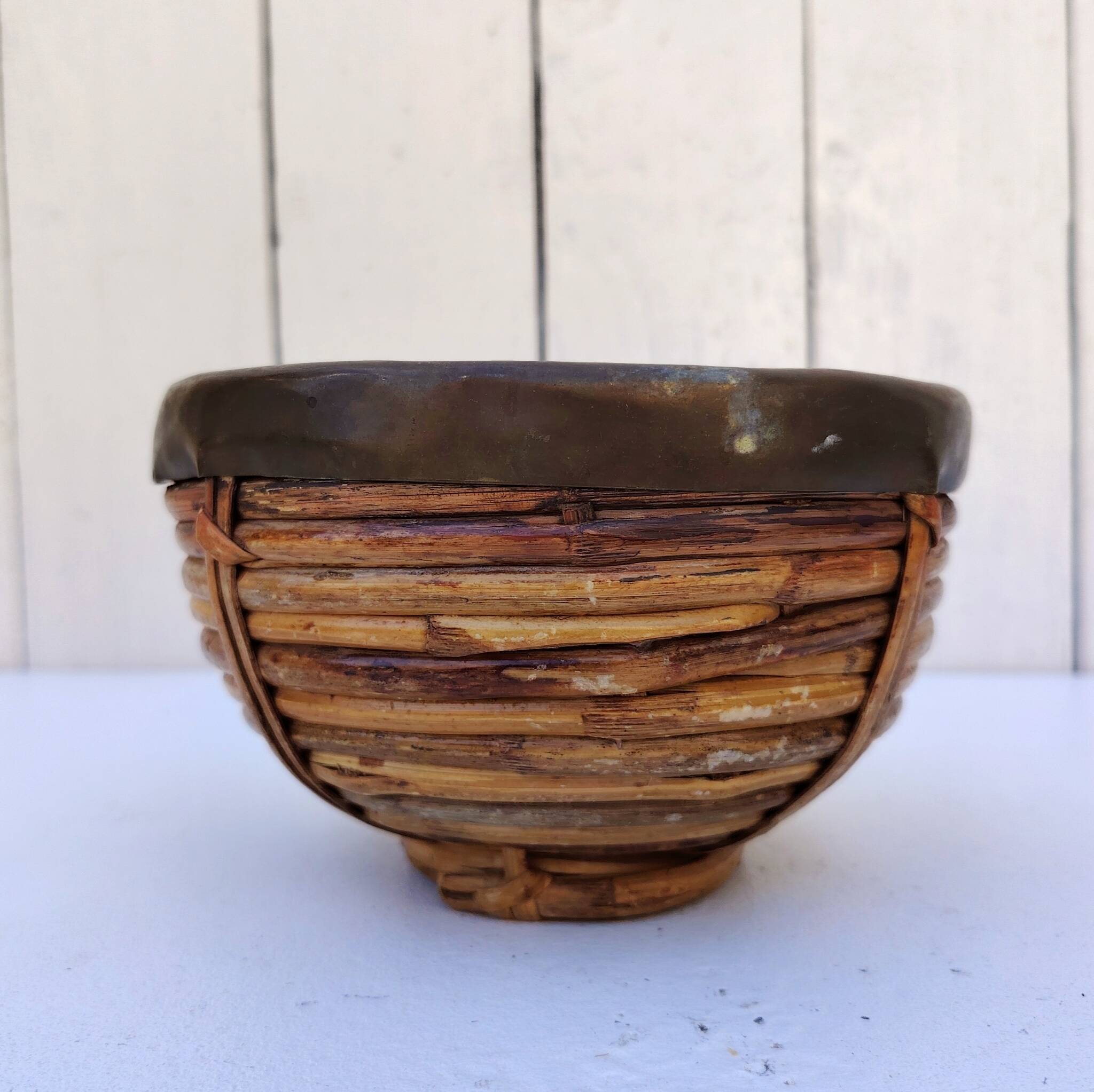 Gabriella Crespi style rattan and brass basket