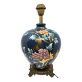 Lampe  Louis Drimmer en porcelaine bleue décorée à l'or fin de fleurs roses ,années 1970 Vintage