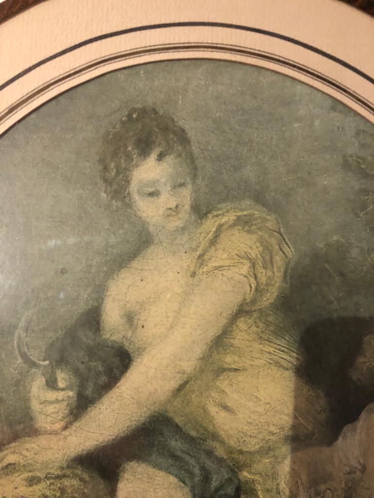 Set composed of two framed fashion engravings and a lithograph reproduction Automne by Watteau