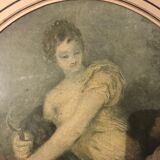 Set composed of two framed fashion engravings and a lithograph reproduction Automne by Watteau
