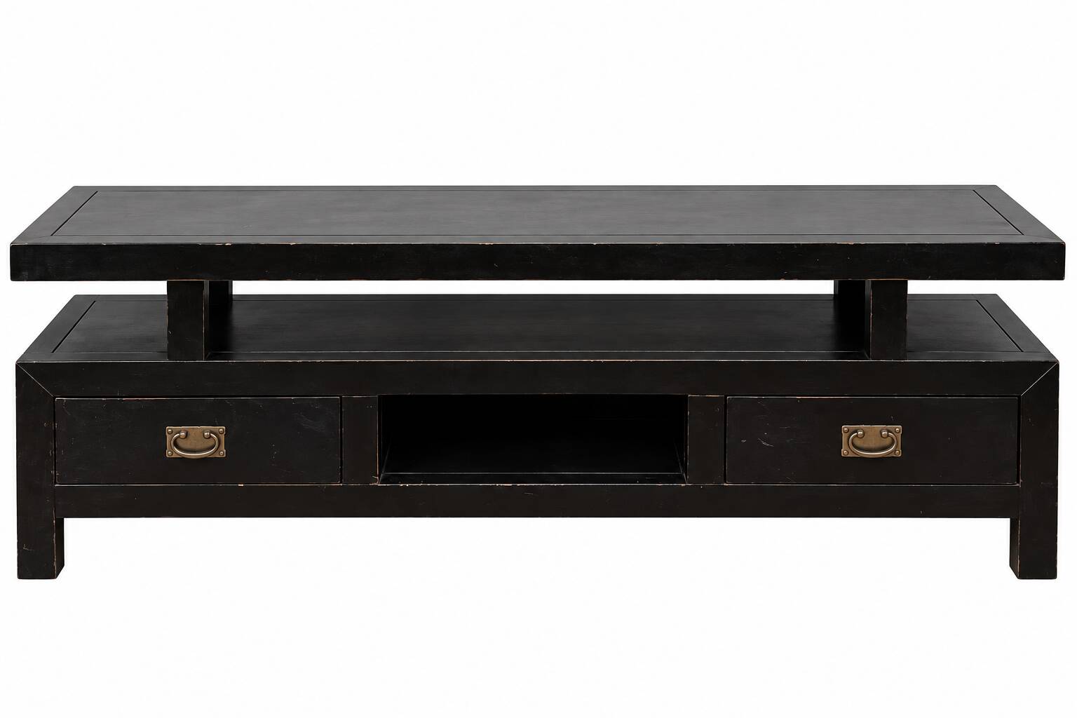 Black wooden TV unit – Asian colonial style, 2 drawers