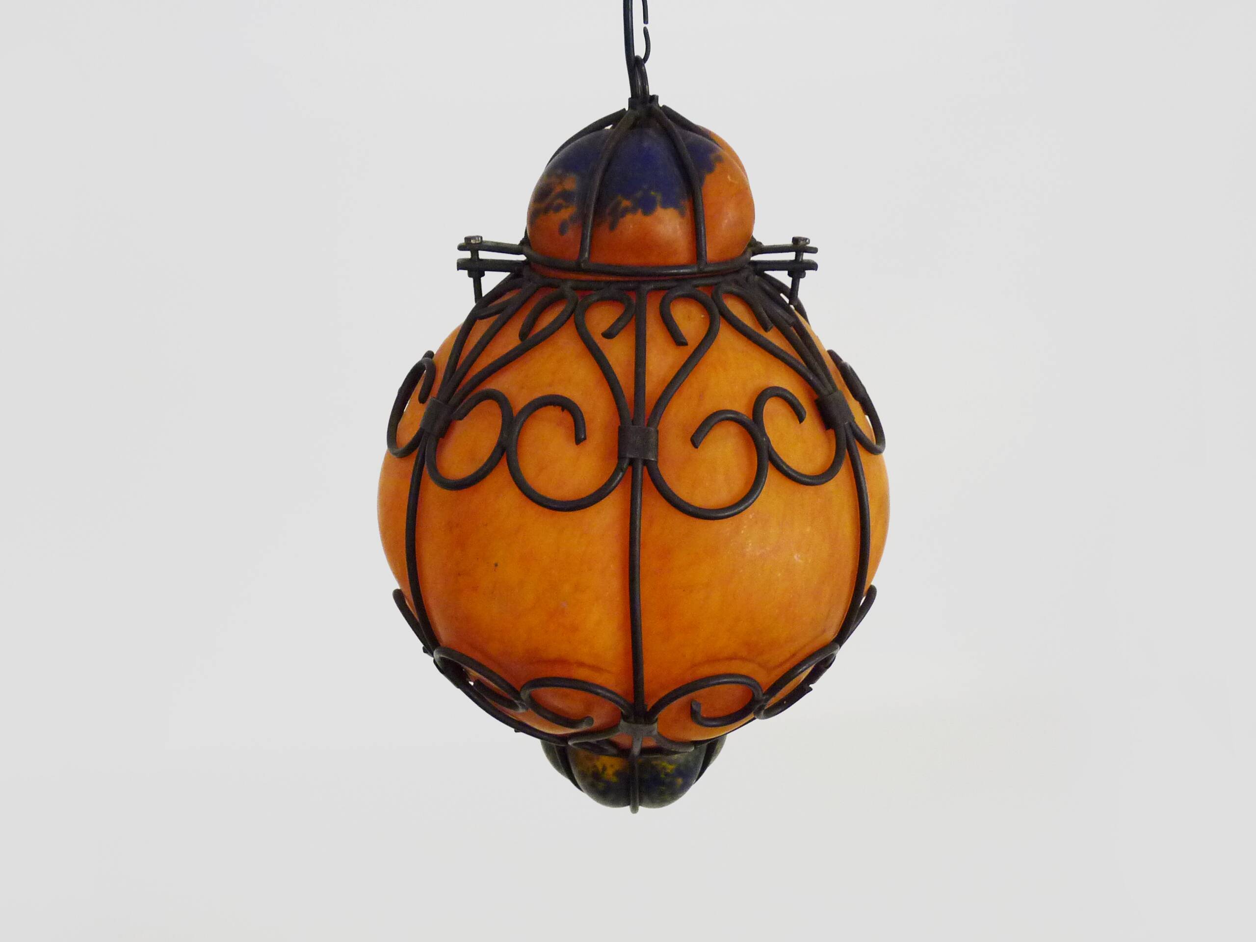 Venetian cage lantern suspension in orange and blue glass paste. Venetian lantern