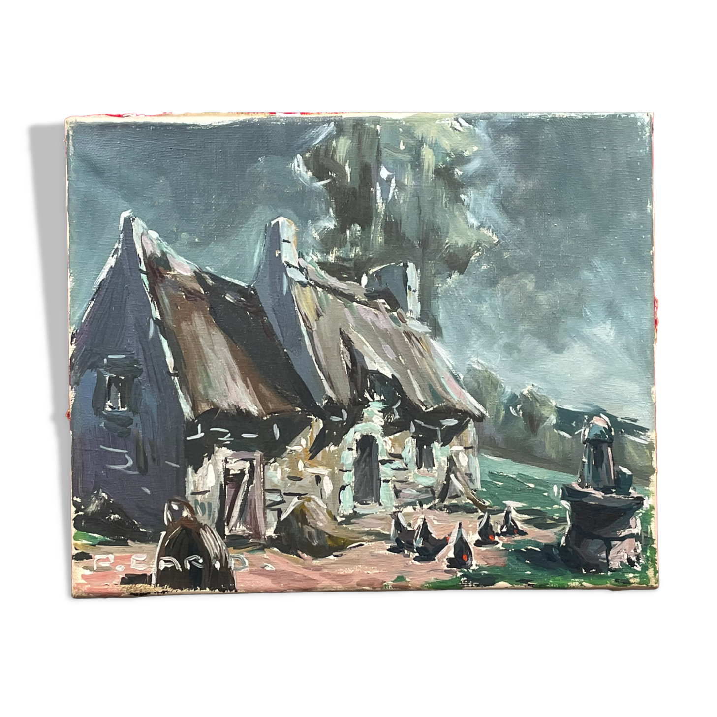 Huile sur toile ferme bretonne avec puits par P. Cario