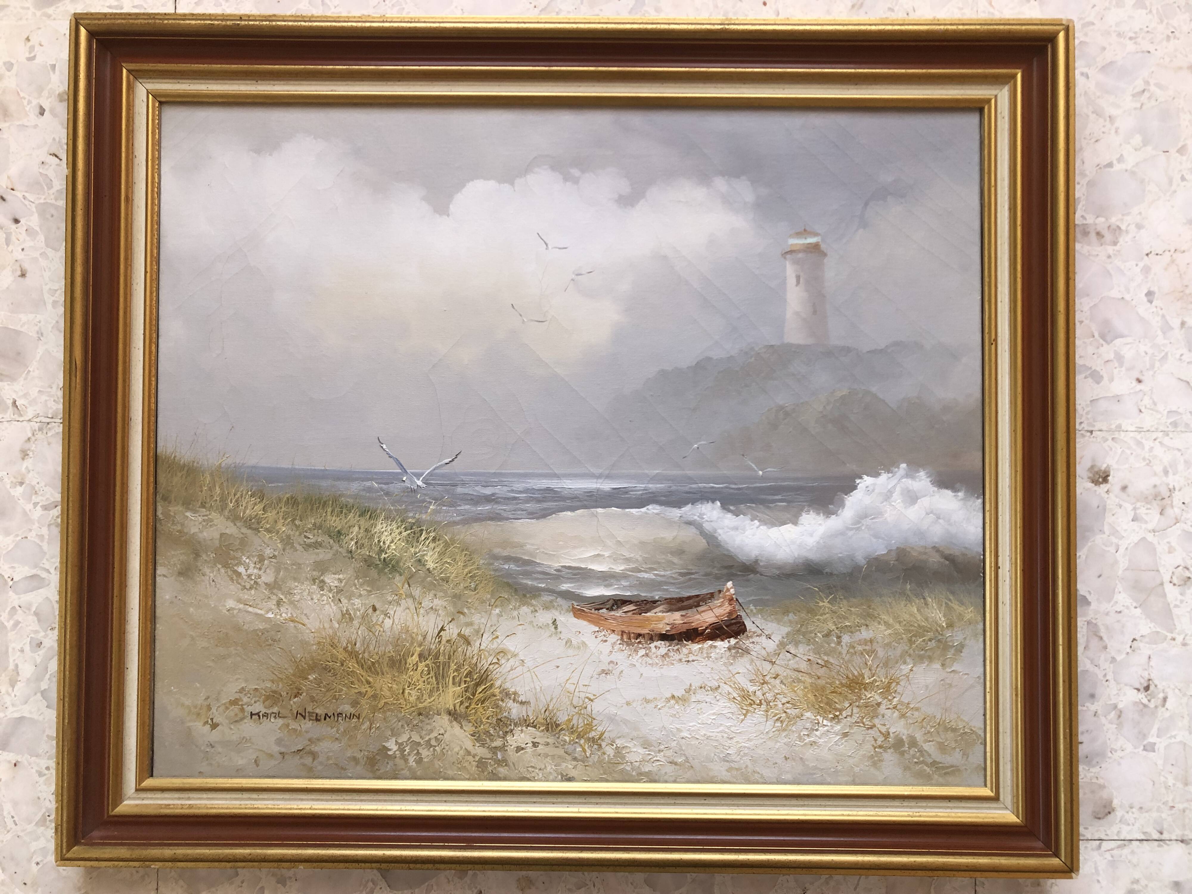 Painting oil on canvas the lighthouse circa 1950 / 60k by karl neumann, seascape, marine sea wave ba