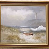 Painting oil on canvas the lighthouse circa 1950 / 60k by karl neumann, seascape, marine sea wave ba