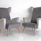 Pair of grey velvet armchairs in the style of Gio Ponti.