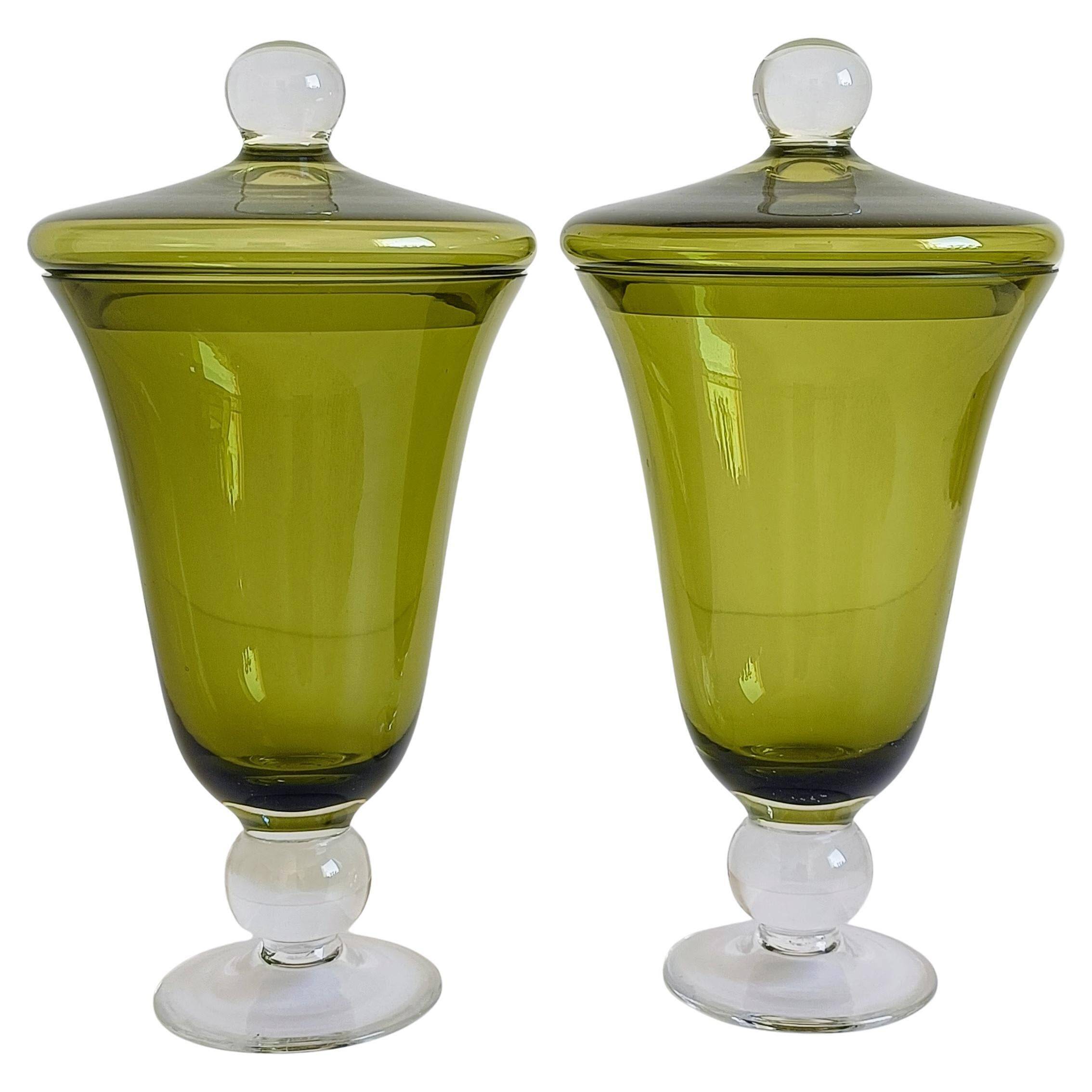 Murano Glass Green Lidded Urns, Venini Style, Italy, 1950s