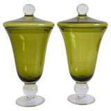Murano Glass Green Lidded Urns, Venini Style, Italy, 1950s